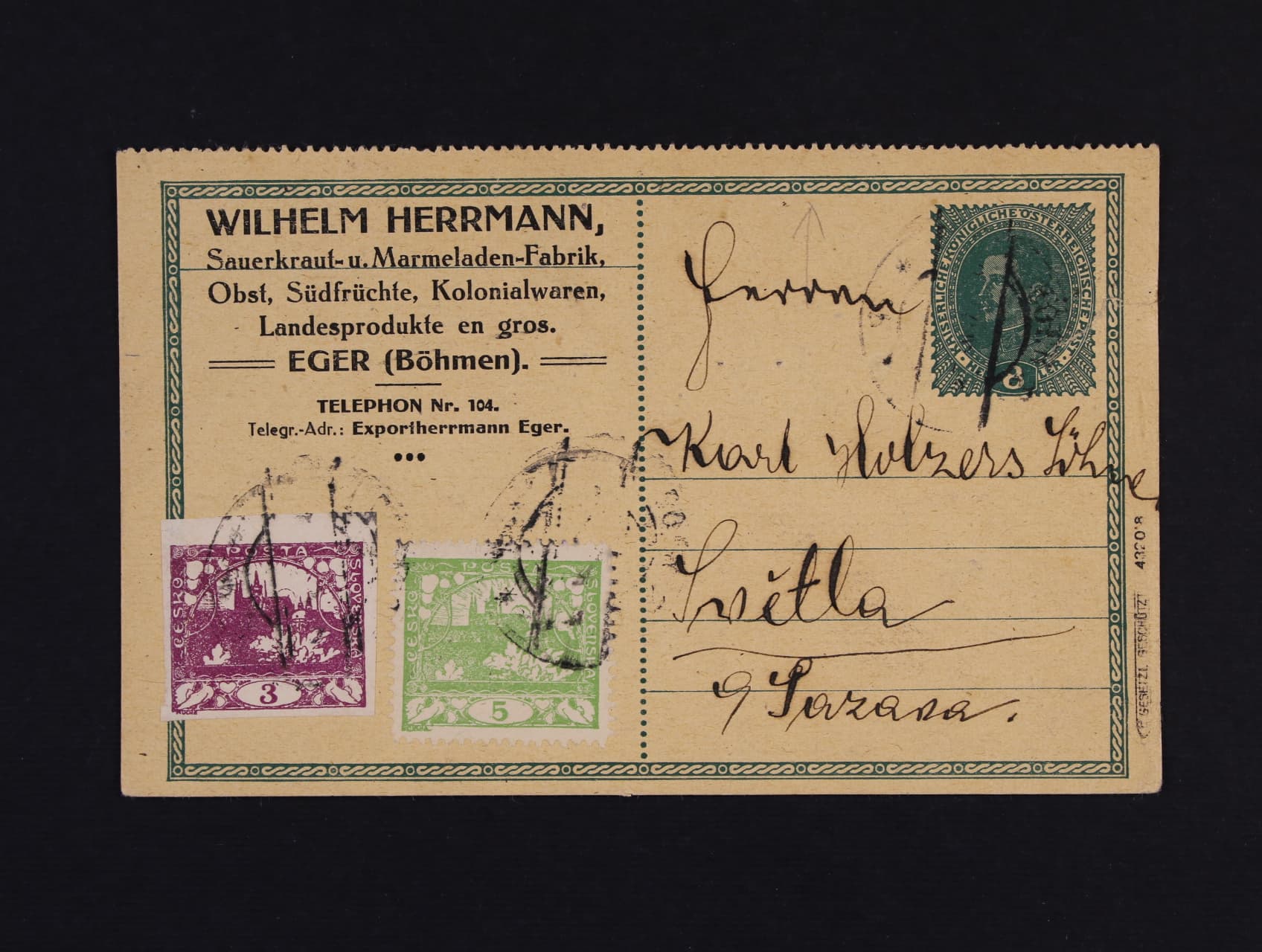 Soubéžné - KL 8h Karel s perforací pro psací stroj na horním okraji, dofrank. zn. ?. 2, 3, pod. raz. EGER 26.9.1919