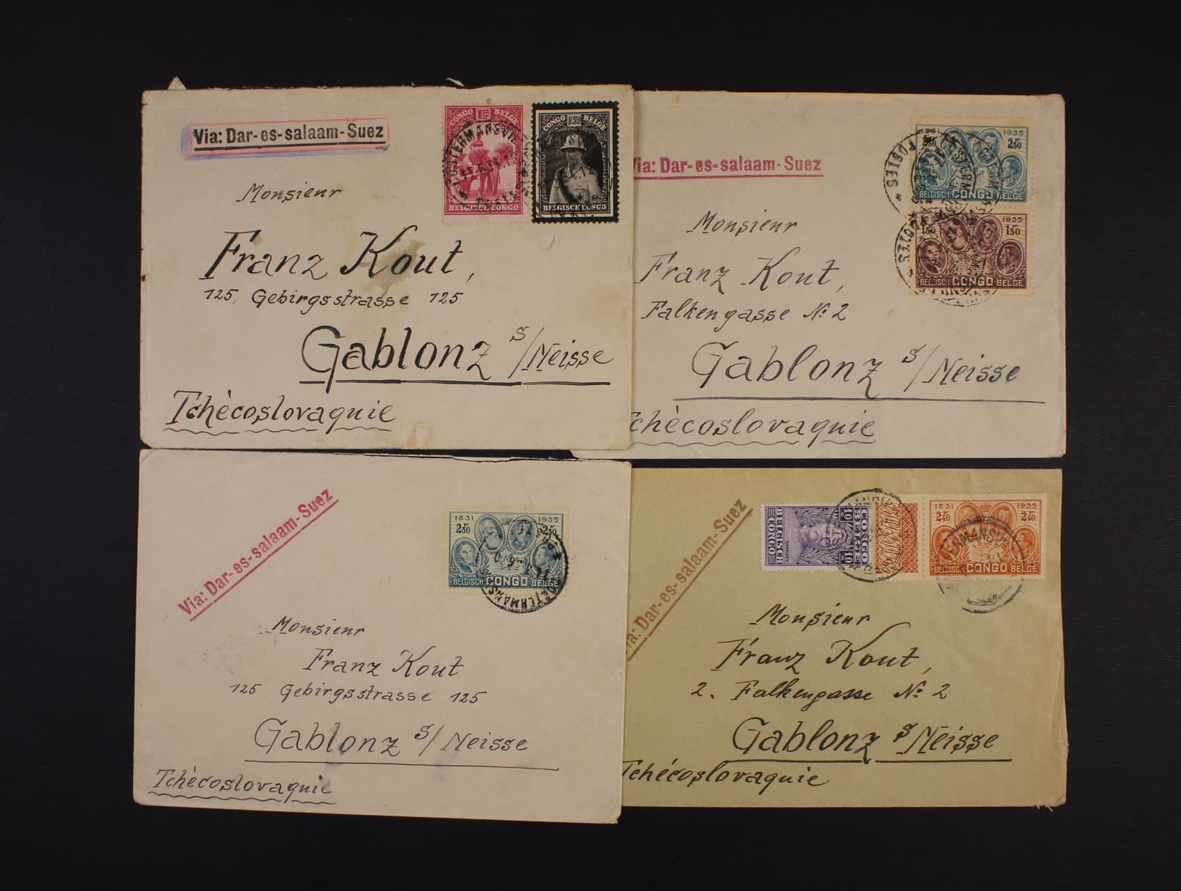 Belgické Kongo - sestava 4 ks dopisů do ČSR z let 1934 - 6, zajímavé frankatury, pod. raz. COSTERMANSVILLE + přídavné řádkové raz. Via: Dar - es - salaam Suez, zajímavé