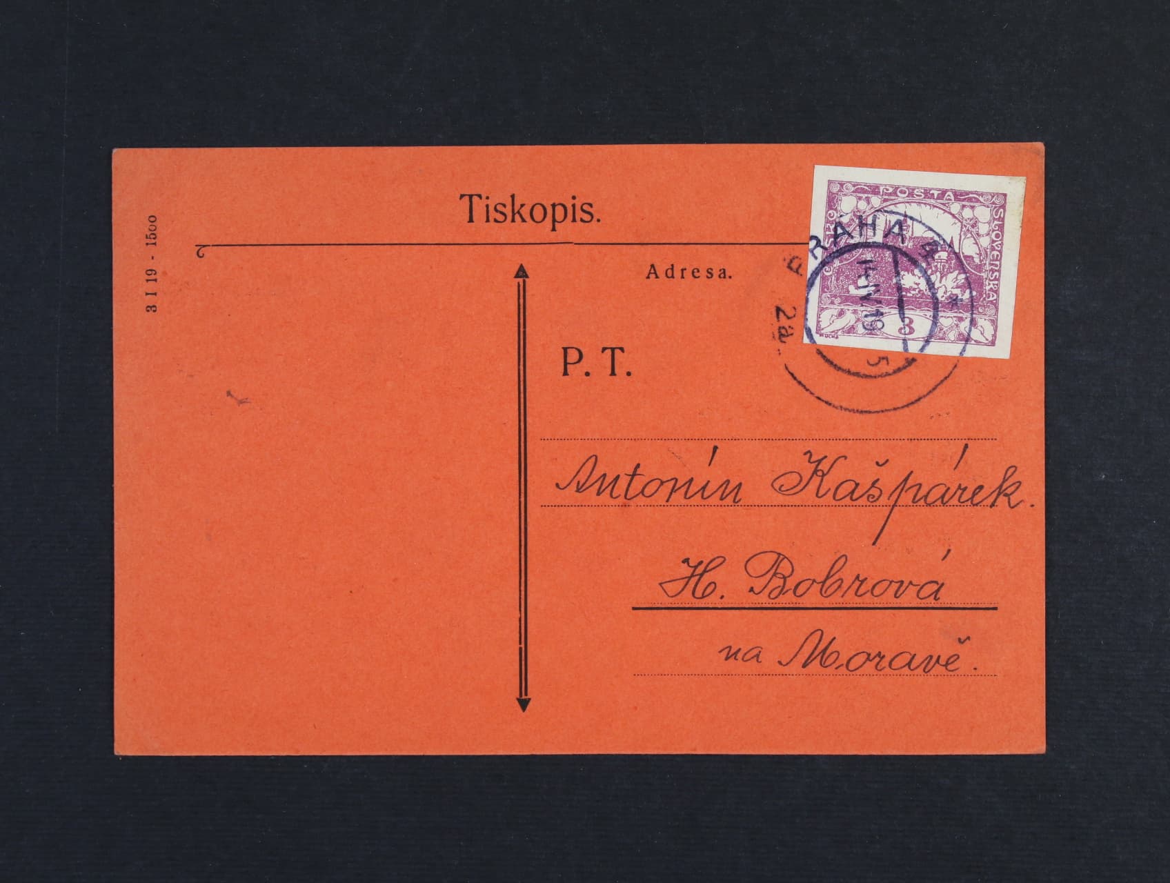 Červeny predtištěny KL pouzity jako tiskopis, frank. zn. c. 2, pod. raz PRAHA 4 14.4.19, lux. kvalita