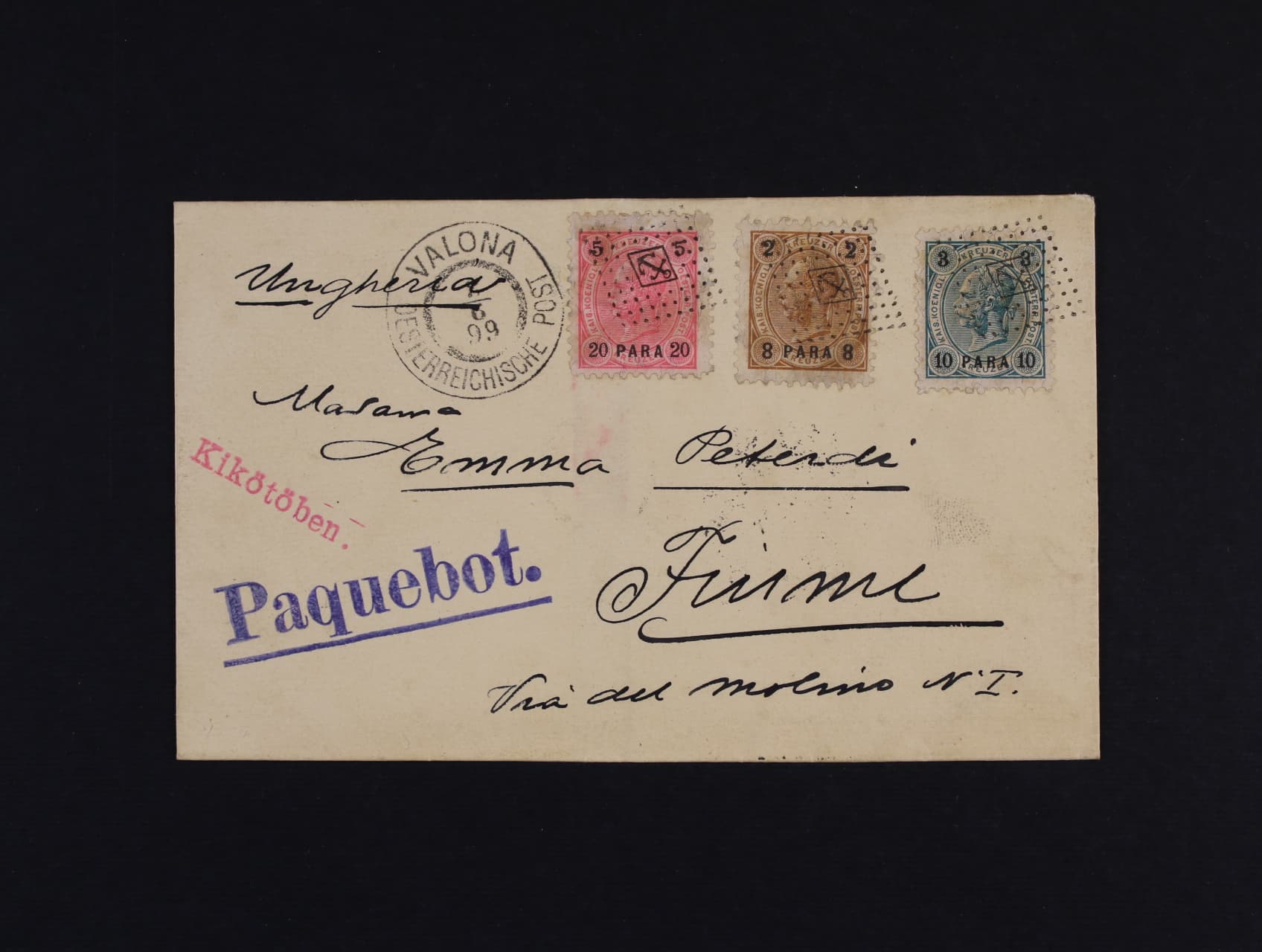 Valona(Albanie) - dopis do Fiume frank. zn. Mi. c. 20 B, 21, 22, znehodnoc. nemym raz. s kotvou uprostred a dennim raz. VALONA OESTERREICHISCHE POST 3.6.1899