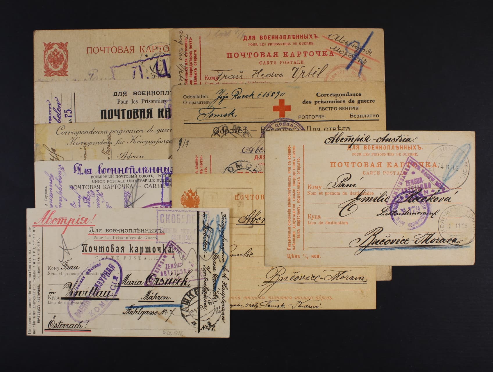Sestava 10 ks celistvosti z let 1916-18 ze zajeti v Rusku a Italii s ruznymi raz., dobra kvalita