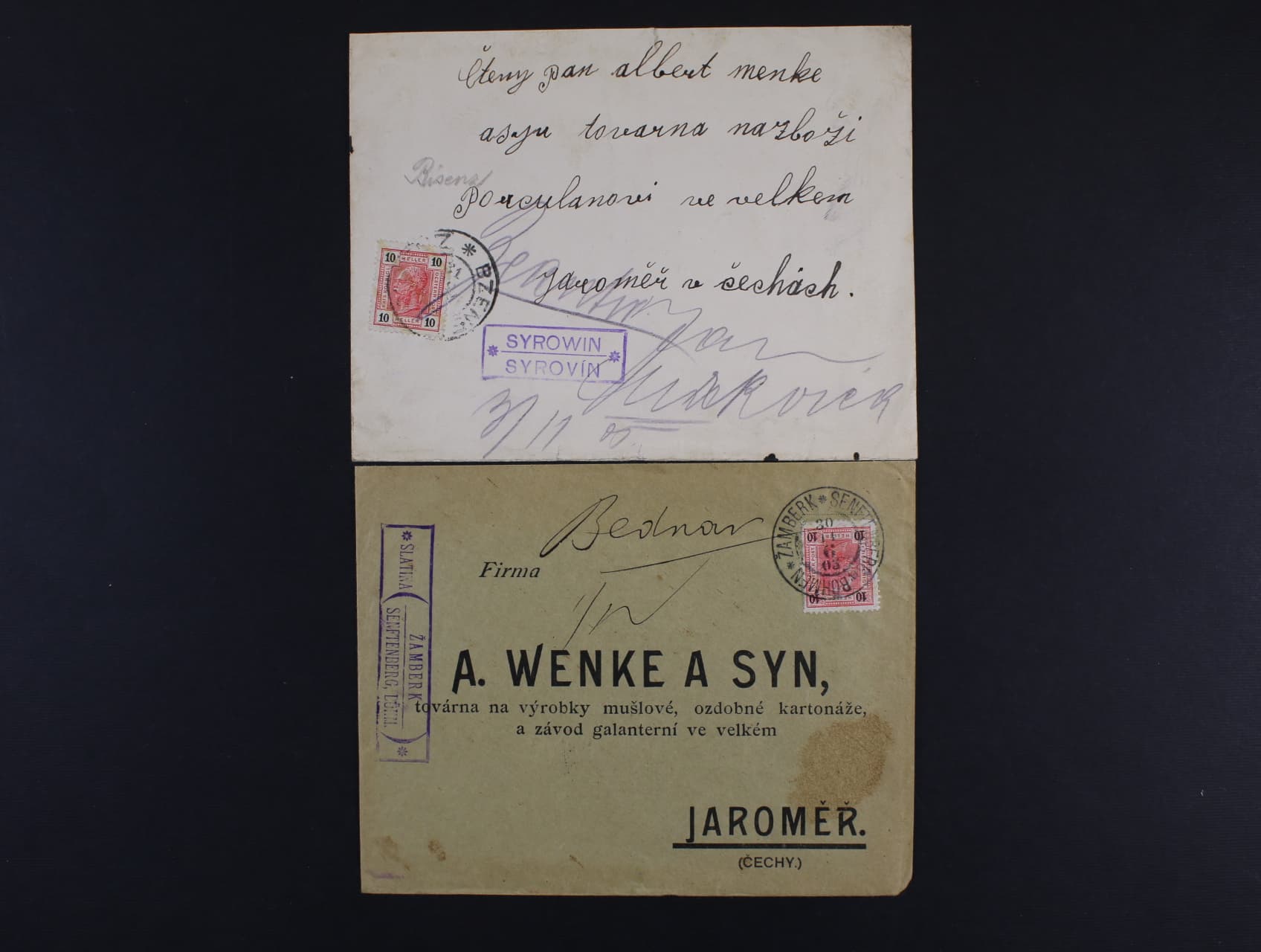 Dva firemní dopisy z r. 1903 a 1905 do Jaroměře s raz. poštoven SYROVÍN, ŽAMBERK