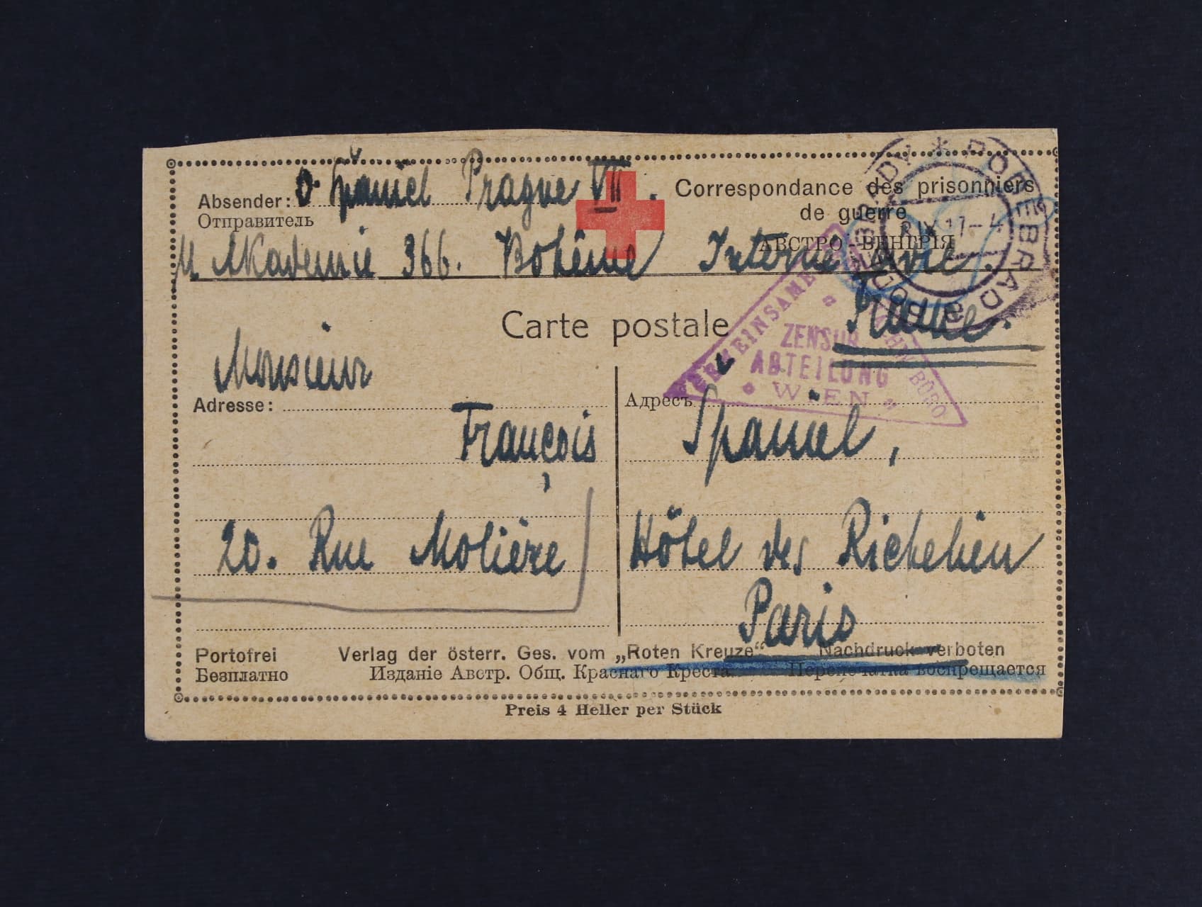 Španiel Otakar 1881 - 1955, význačný český sochař, medailér - vlastnoručně psaný KL bratrovi do Paříže s raz. PODĚBRADY 8.9.1917, zajímavé