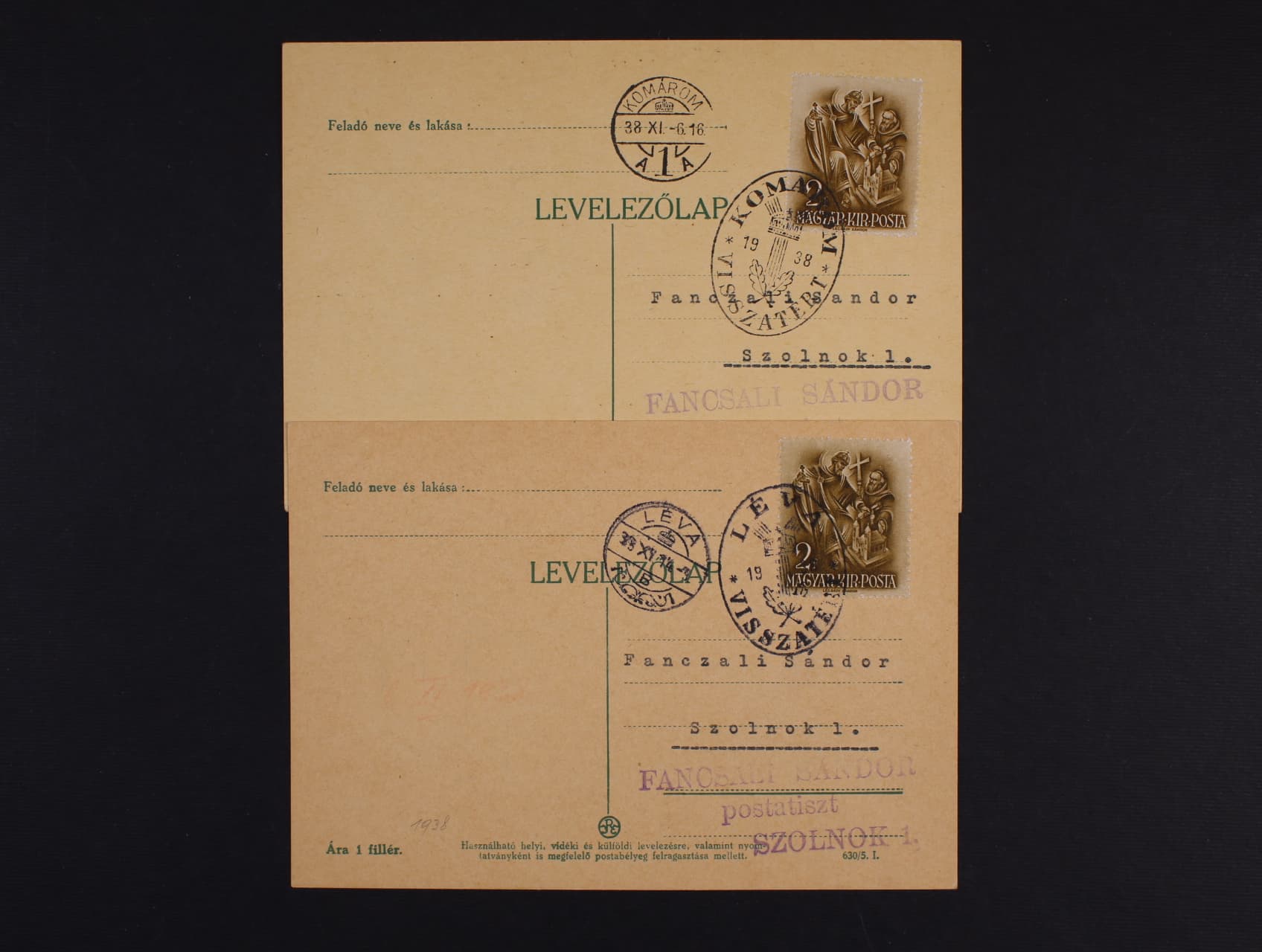 dva KL frank. maď. zn. 2fil s denním raz. LÉVA a KOÁROM 1938 + oválná raz. VISSZATÉRT, dobrá kvalita