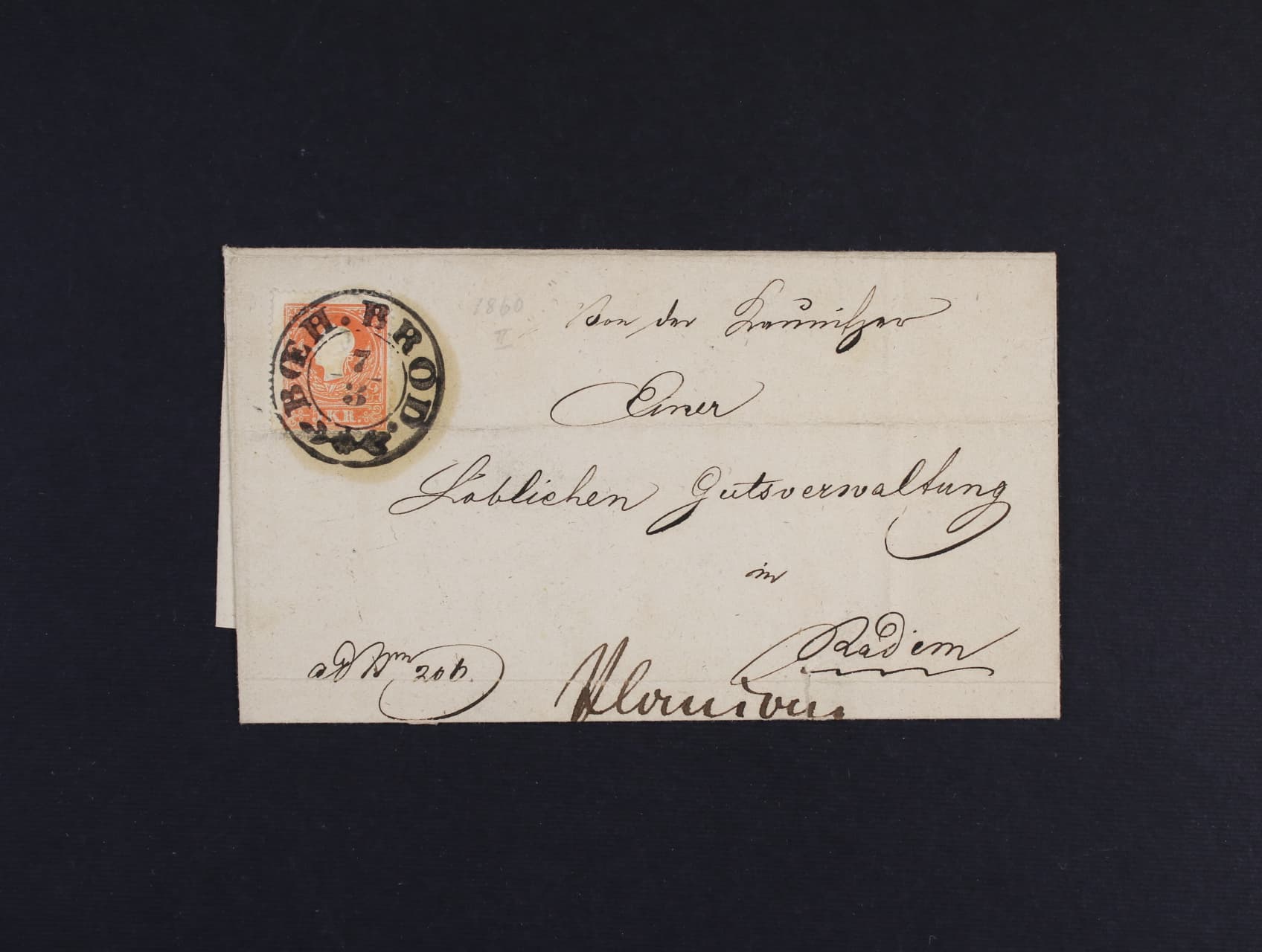 Skl. dopis z r. 1860 frank. zn. Fe. č. 13 II s dvoukruh. ozdobným raz. BOEH .BROD 7.3. + přích. raz. PLANIAN