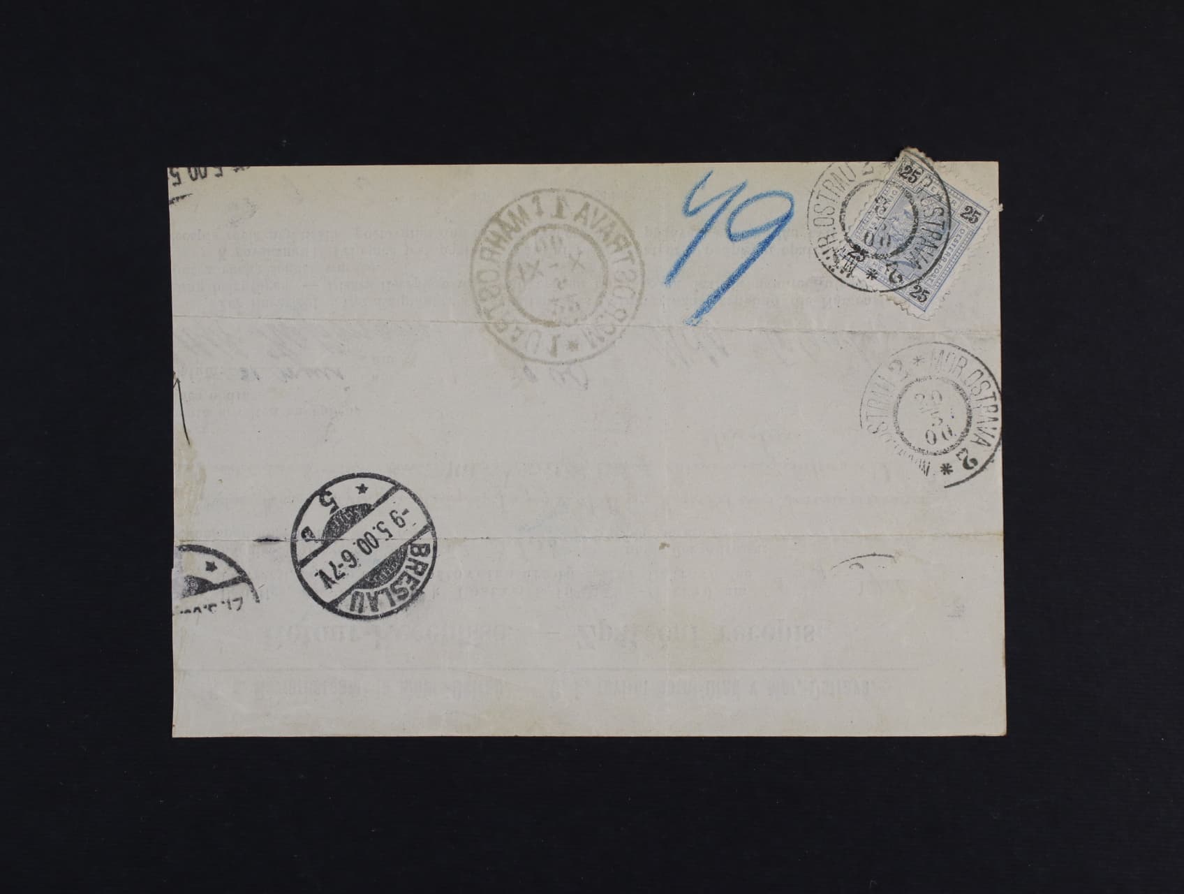 Lístek zpáteční "Rückschein" frank. na zadní straně zn . Mi. č. 76 s pod. raz. MOR: OSTRAVA 2 8.5.1900, zajímavé