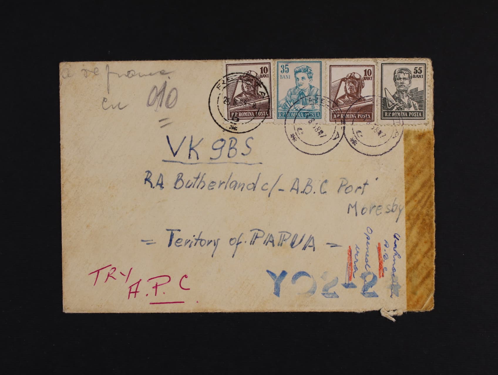 Dopis do Port Moresby - Papua frank. na přední str. zn. Mi. č. 1502 (2x), 1504 - 5, na zadní straně zn. Mi. 1501 (2x), 1502, pod. raz. RESITA 24.8.58 + přích. raz., zajímavé