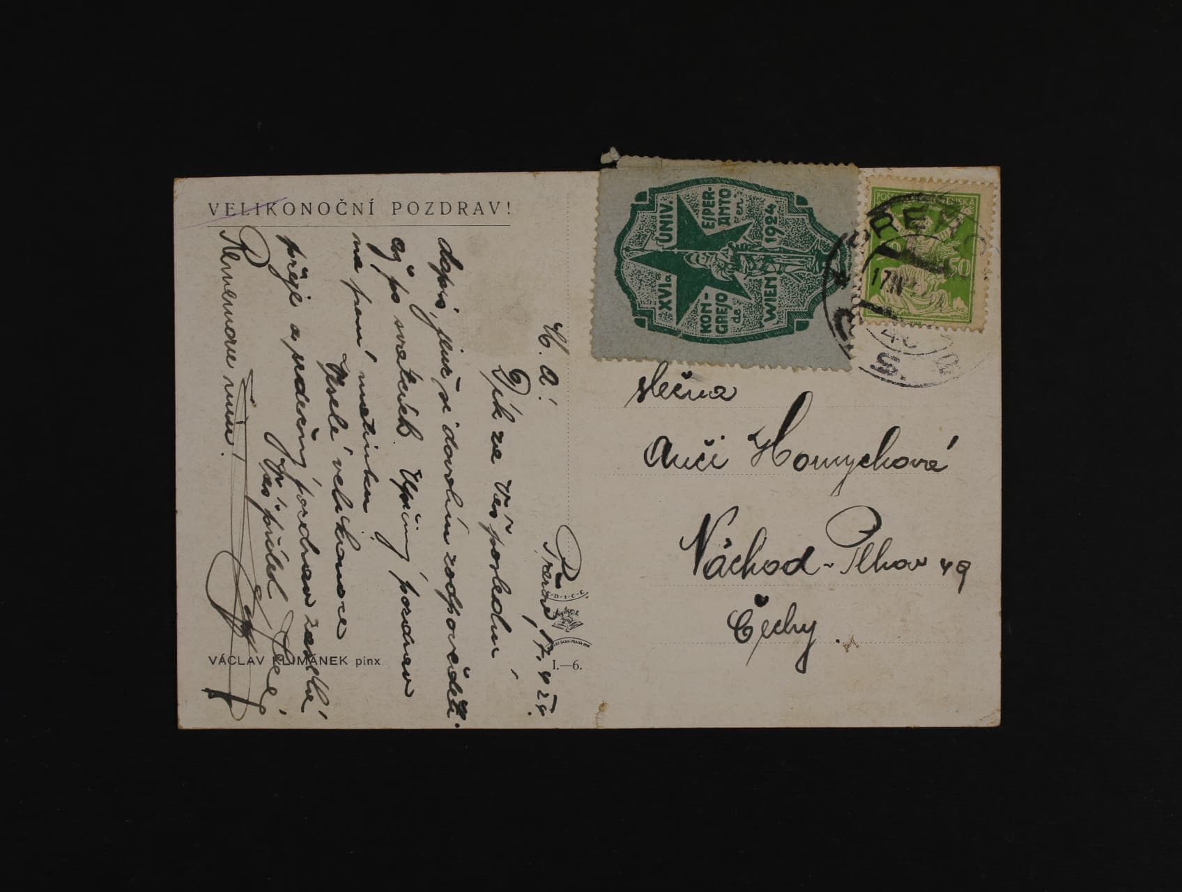 Esperanto - KL frank. zn. 50h OR s dolepenou nálepkou XVIa UNIV. KONGRESO de ESPERANTO en WIEN 1924