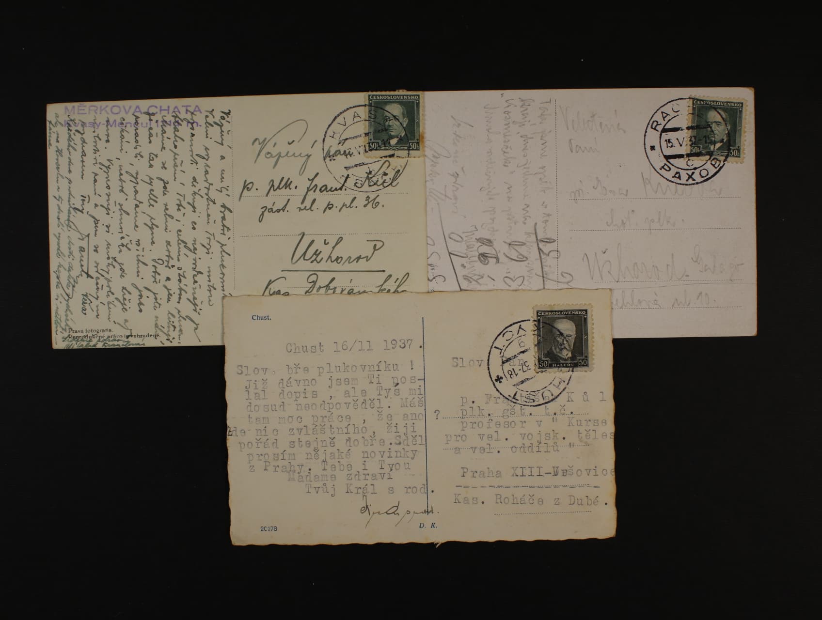 Tři celistvosti z r. 1937 s pod. dvojjazyčnými raz. CHUST, KVASY, RACHOVO