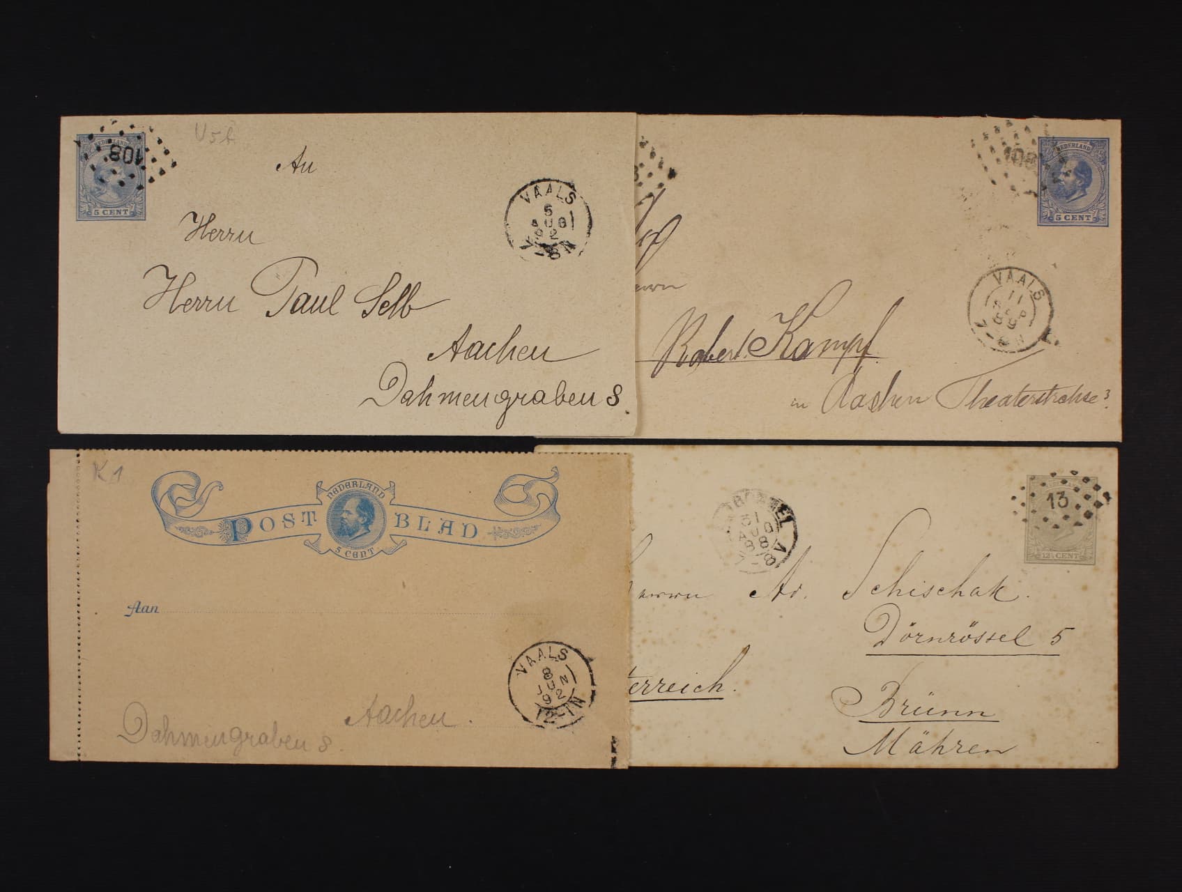 Sestava zálepek Mi. U 1, U 2, U 5b, K 2a z let 1888 - 1902, různá raz., zajímavé
