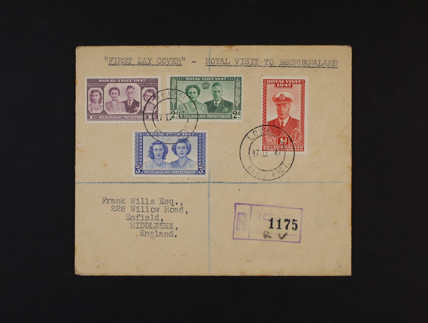 Bechuanald - R-dopis do Anglie frank. zn. Mi. č. 118 - 21, pod. raz. LOBATSI 17.2.47, luxusní kvalita