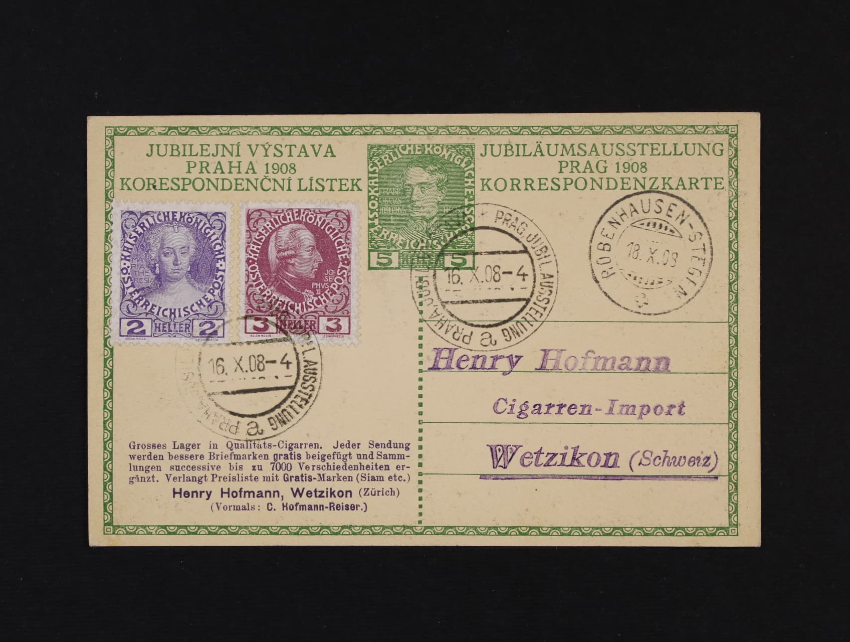 Jubilejní KL z výstavy PRAHA 1908, dofrank. a zaslaný do Švýcarska, velmi dobrá kvalita