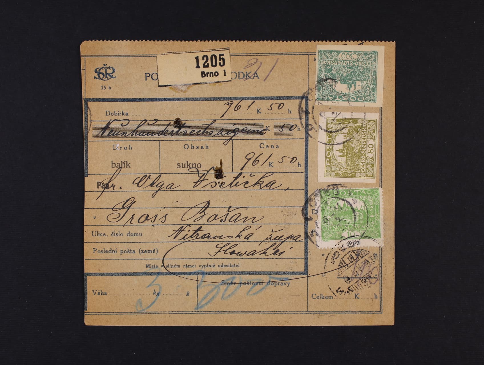 Dva díly pošt. průvodky frank. zn. Hradcan s pod. raz. BRNO, dofrank. na zadni strane zn. DL č. 2, DL 6 s raz. NAGYBOSSANY (Bosany) 6.5.20, zajímave