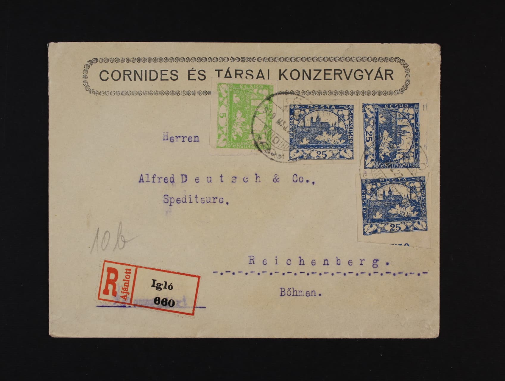 Firemní R-dopis do Liberce frank. zn. č. 3, 10 (3x), pod. raz. IGLÓ (Spišská Nová Ves) 27.MAJ 1919