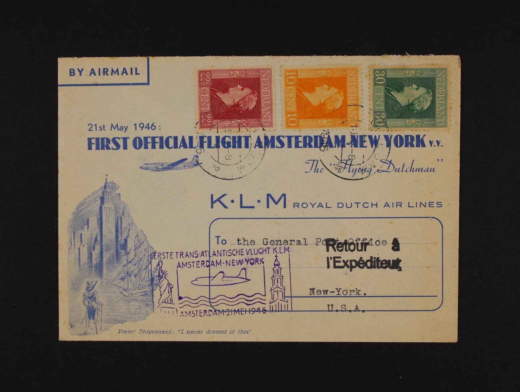 Let. dopis přepr. 1. letem K.L.M. Amsterdam - New-York 21.MEI.1946, DR + fialový let. kašet