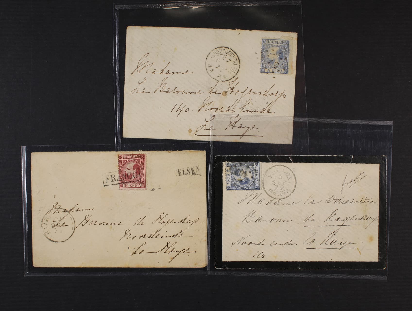 Sestava 3 ks dopisů malého formátu z let 1871 - 72 s jednozn. frankaturou 5c, resp. 10c (s otiskem ochr. lišty na spodním okraji), pod. a přích. raz., 1x ozdobná obálka