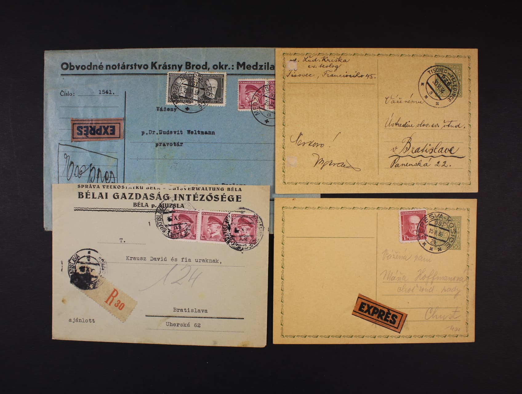 Slovensko - sestava 4 ks celistvostí z let 1934 - 37 (1x RECO, 1x EXPRES) s raz. VLP č. 811 KOŠICE - NOVÉ ZÁMKY - BRATISLAVA, 981 MEDZILABORCE - KOŠICE, 926 TISOVEC - FELEDINCE, 991 TERESVA - KOŠICE,