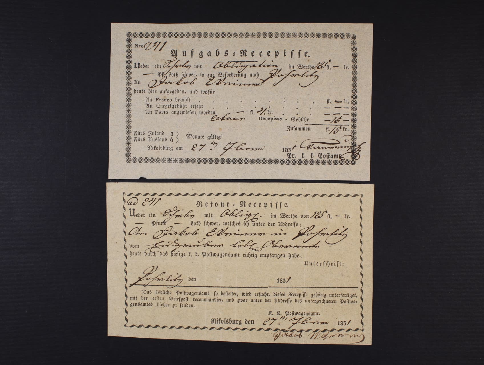 Pod. + zpáteční Recepis, tzv. "pár", z r. 1831, No 241, pošt. úřad Mikulov, zajímavé, vzácné