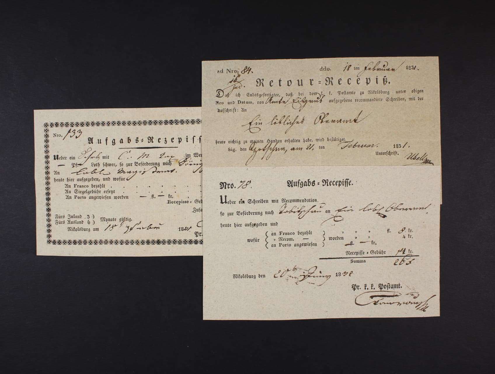 Sestava 3 ks různých pod. Recepisů z roku 1831, zajímavé