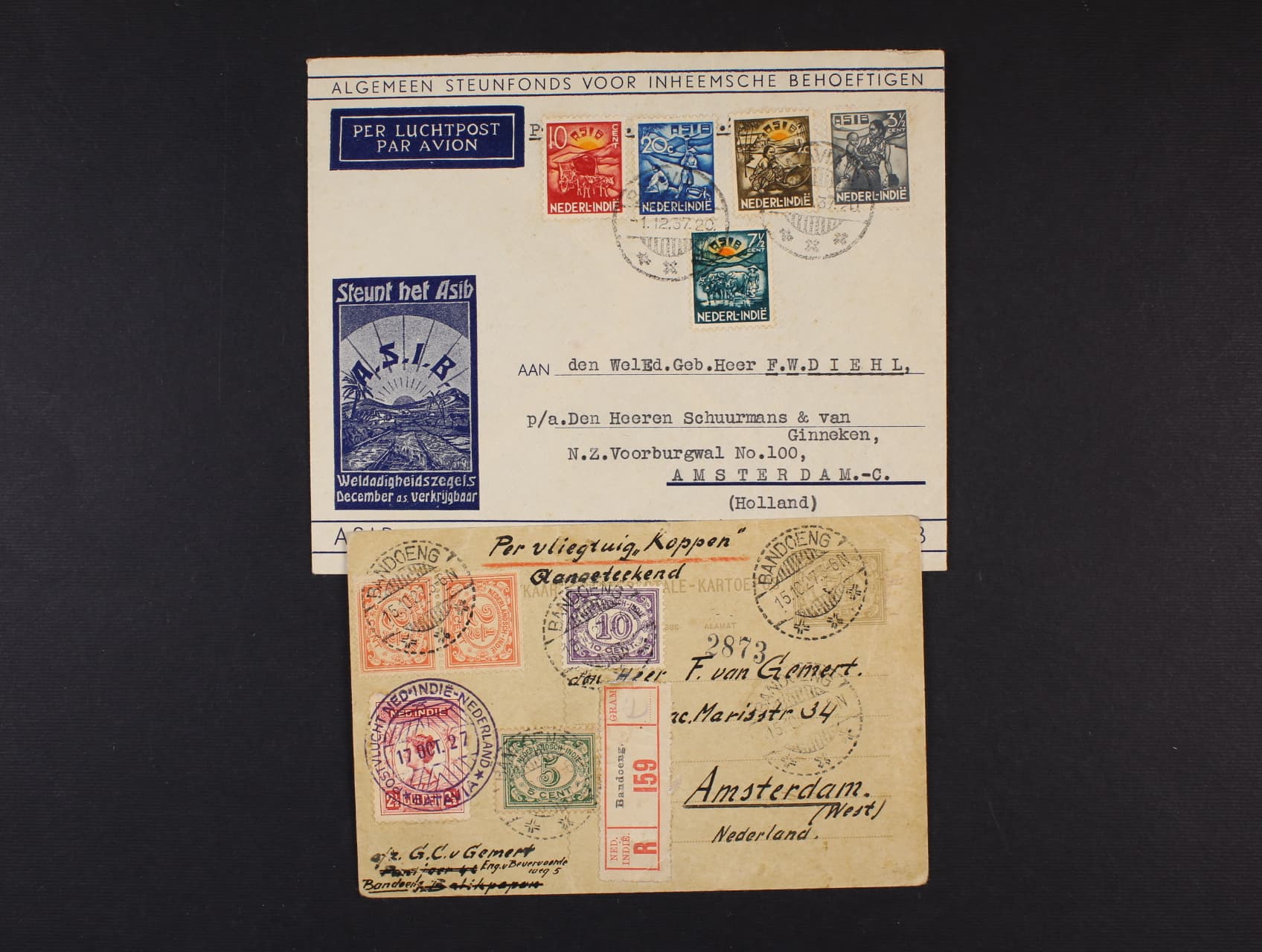 Holandská Indie - dvě letecké celistvosti do Holandska z let 1927 a 1937, zajímavé pestré frankatury, 1x RECO, zajímavá raz.