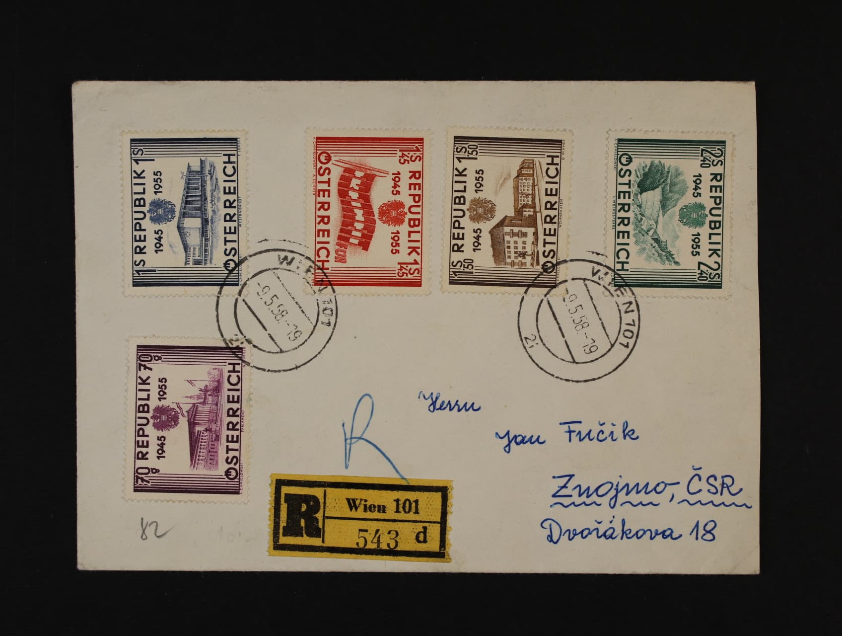 R-dopis do ČSR frank. zn. Mi. č. 1012 - 16, pod. raz. WIEN 9.5.58, na zadní straně raz. celnice Praha