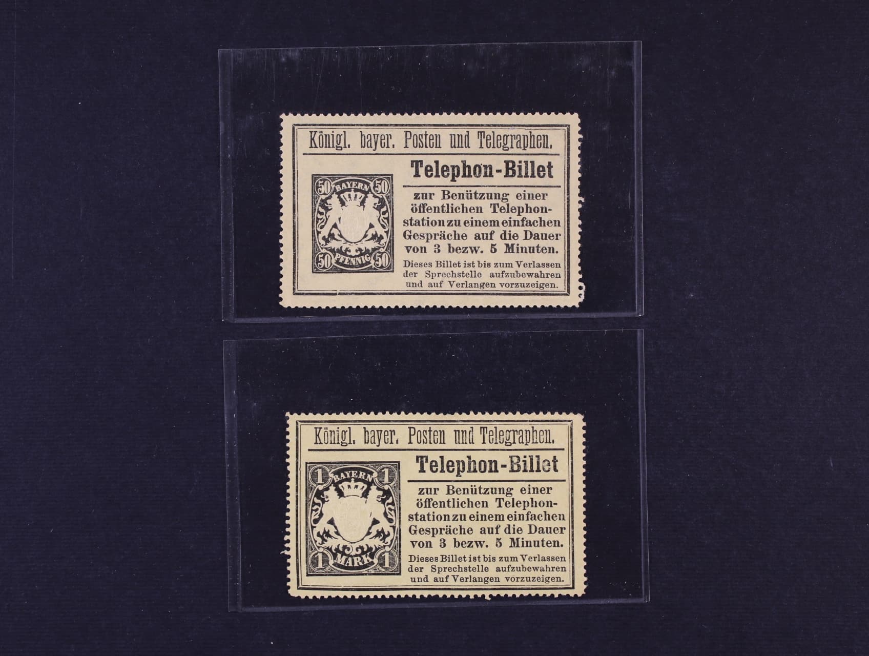 Bavorsko - Telephon-Billet vydání 1894 50pf a 1M na žlutém papíře s průsvitkou
