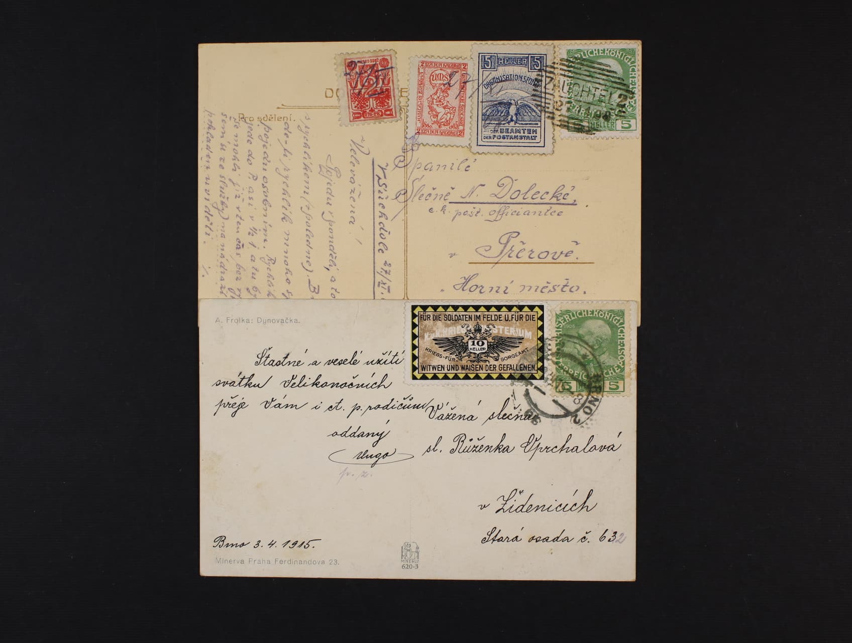 Dvě celistvosti frank. zn. 5h F.J. emise 1908 s dolepenými dobročinnými nálepkami. zajímavé