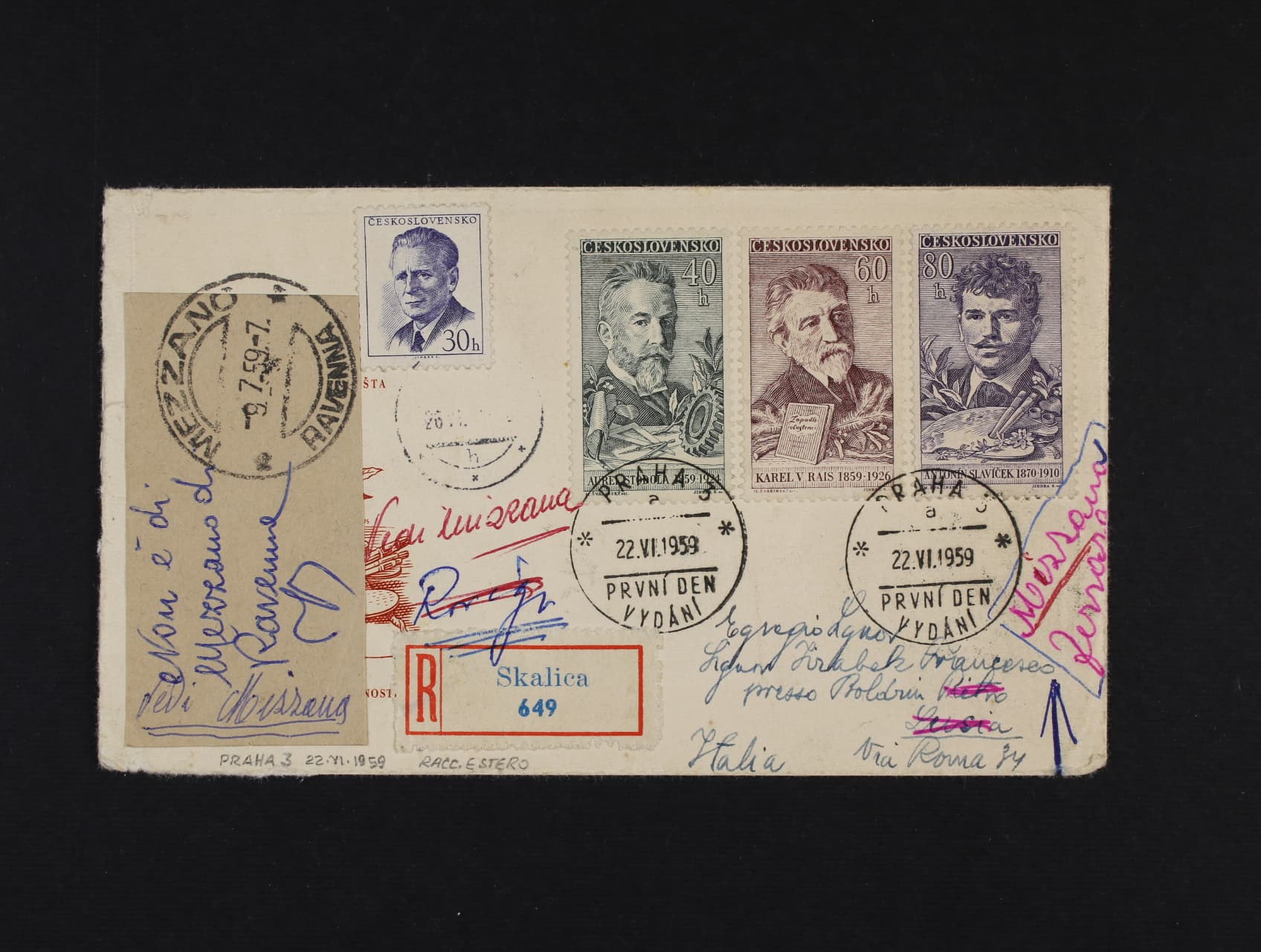 R.obálka 1. dne se zn. č. 1059 - 1061 do Itálie, dofr. zn. č. 999, pod. raz. PRAHA 26.6.1959, průch. a přích. raz., nedoručeno a vráceno zpět, zajímavé