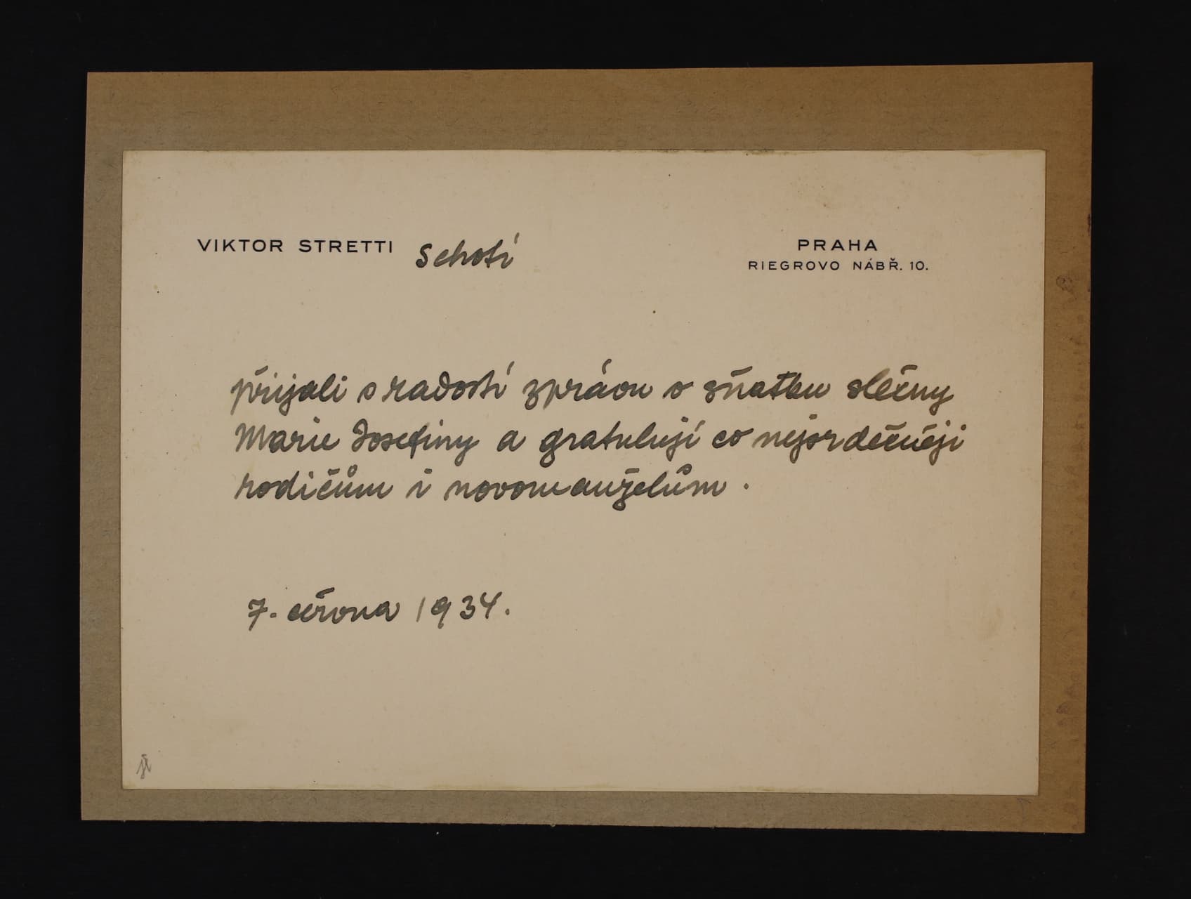 Stretti Viktor, vl. jm. Vítězslav Otakar 1878 - 1957, význačný čes. malíř, grafik a ilustrátor. Vlastnoručně napsané přání na hlavičkovém papíře s datací 7.června 1934