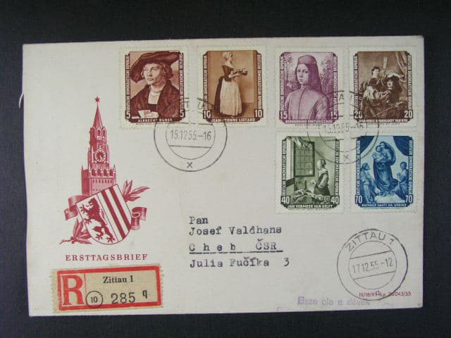 R-FDC do ČSR frank. zn. Mi. č. 504 - 9, pod. raz. ZITTAU 17.12.55 + celní raz.