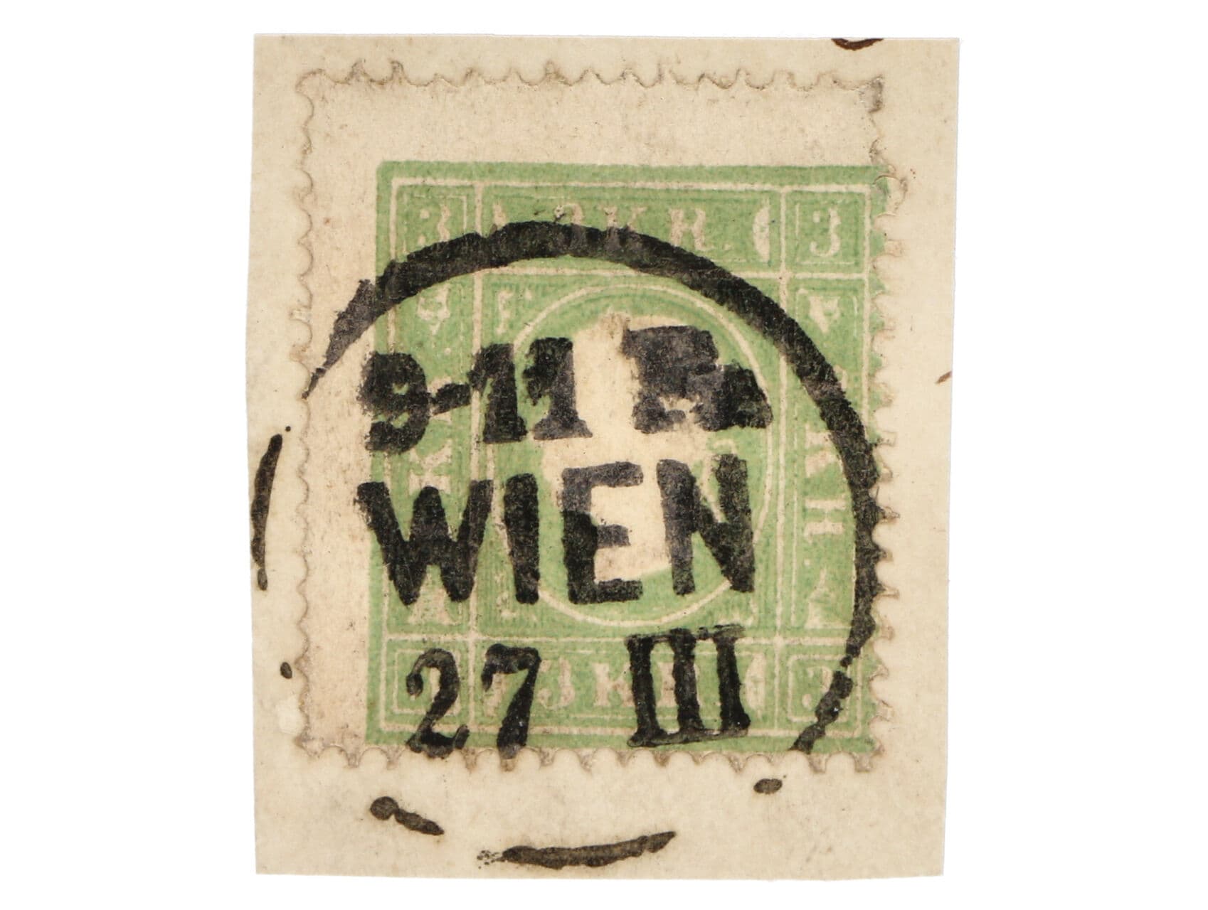 Zn. Mi. č. 12 a, na kousku papíru, kompletní razítko WIEN 27 - III, 9 - 11 FR, atest Ferchenbauer