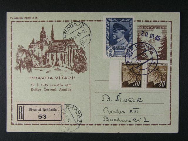 R-dofrank. celina CDV 73 do Prahy, pod. raz. BŘEZOVÁ BOHDAŠÍN 20.10.45 + přích. raz.