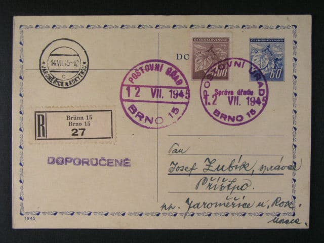 R-dofrank. celina CDV 76 do Jaroměřic s fialovým pod. raz. POŠTOVNÍ ÚŘAD BRNO 15 12.7.45, dobrá kvalita