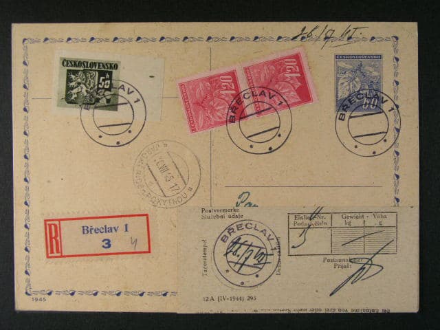 R-dofrank. celina CDV 76 do Jaroměřic s pod. raz. BŘECLAV 1, přích. raz. + pod. lístek