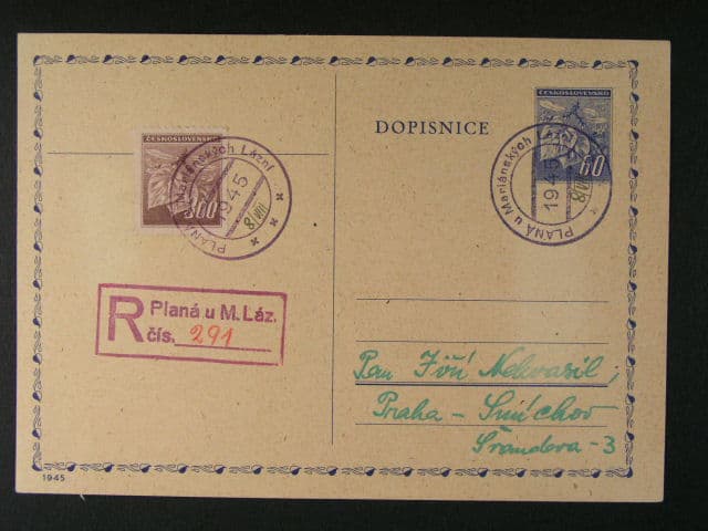 R-dofrank. celina CDV 76 do Prahy, pod. raz. PLANÁ U MAR. LÁZNÍ s ručně dopsanou datací 8.8.45