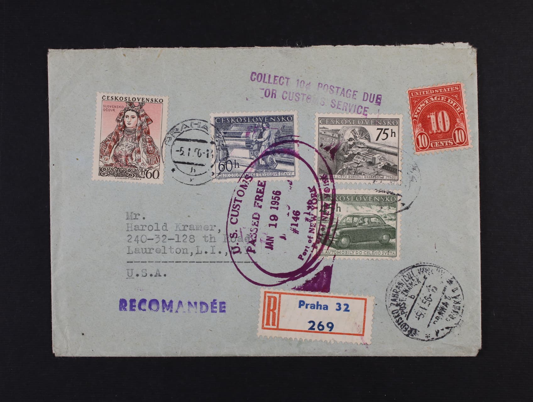 R-dopis do USA frank. zn. č. 818 - 820, 840, pod. raz. PRAHA 35 5.1.56 + průch., přích. a celní raz., zajímavé