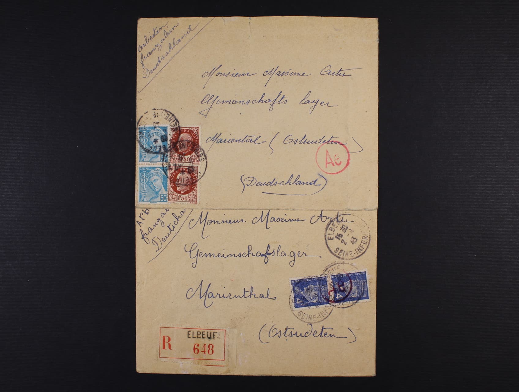 dva dopisy z r. 1943 z franc. prac. tábora do Marienthalu u Mostu frank. franc. zn. + raz. německé cenzury a přích. raz.