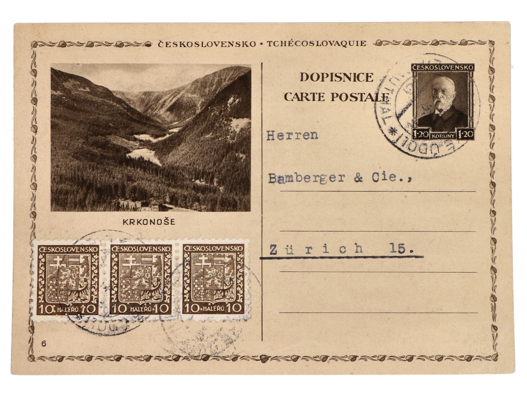 CDV č. 67 - 6, odeslaná do Zürichu, dofrank. třípaskou zn. č. 249..