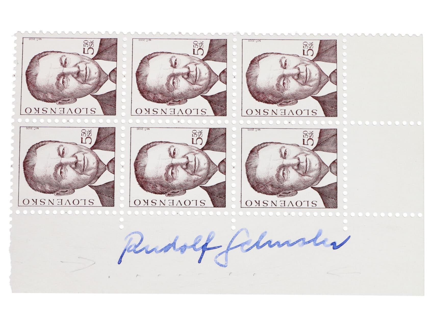 Prezidenti - Schustr Rudolf, 1934 - slovenský politik a 2. prezident Slovenské republiky 1999 - 2004, vlastnoruční podpis na kraji 6ti bloku slovenských známek..