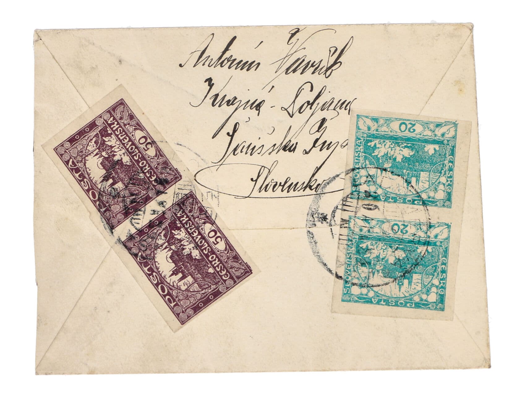 R-EXPRES dopis do Brna s českou R-nál. LADOMÍROV frank. na zadní str. zn. č. 8, 15 ve dvoupáskách s pod. uherským raz. LADOMER 20.AUG.19, zajímavé