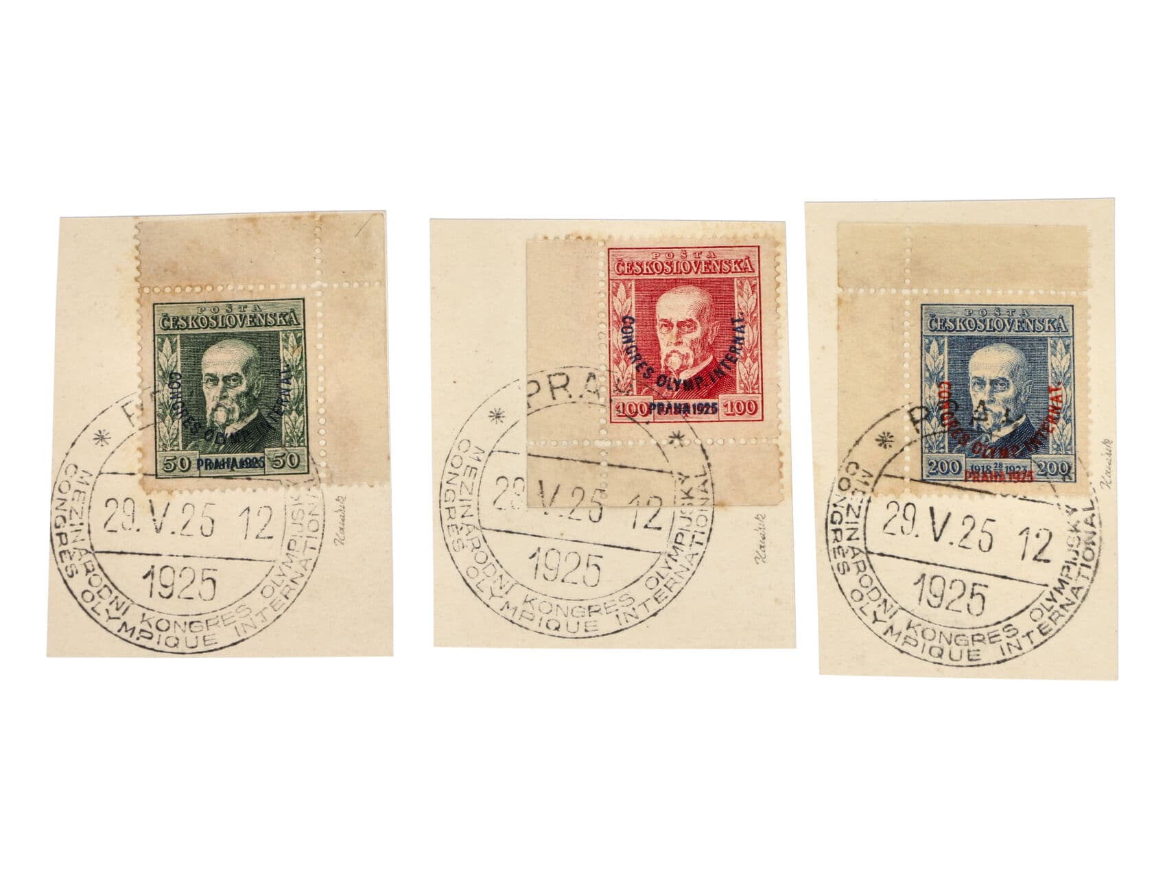 zn. č. 180 - 182 rohové kusy nalepené na kouscích papíru s raz. PRAHA MEZINÁRODNÍ KONGRES OLYMPIJSKÝ 29.5.25, zk. Karásek