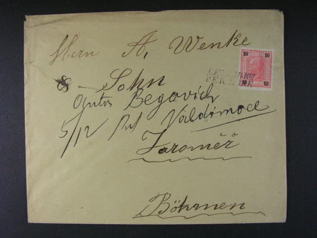 dopis do Čech frank. zn. Mi. č. 89 s pod. raz. LETTRA ARRTA PER MARE + přích. raz. JAROMĚŘ 1903