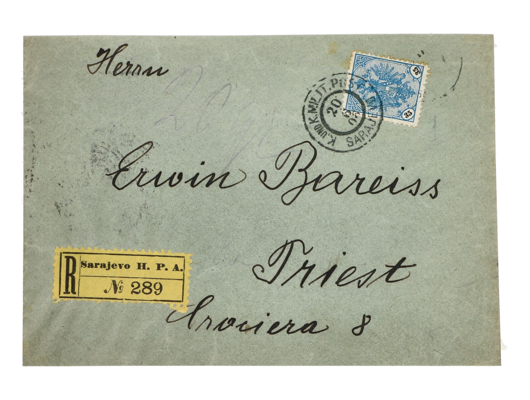 R-dopis do Terstu frank. zn. Mi. č. 26, pod. raz. K.u.K. MILITERPOST SARAJEVO 20.6.1906
