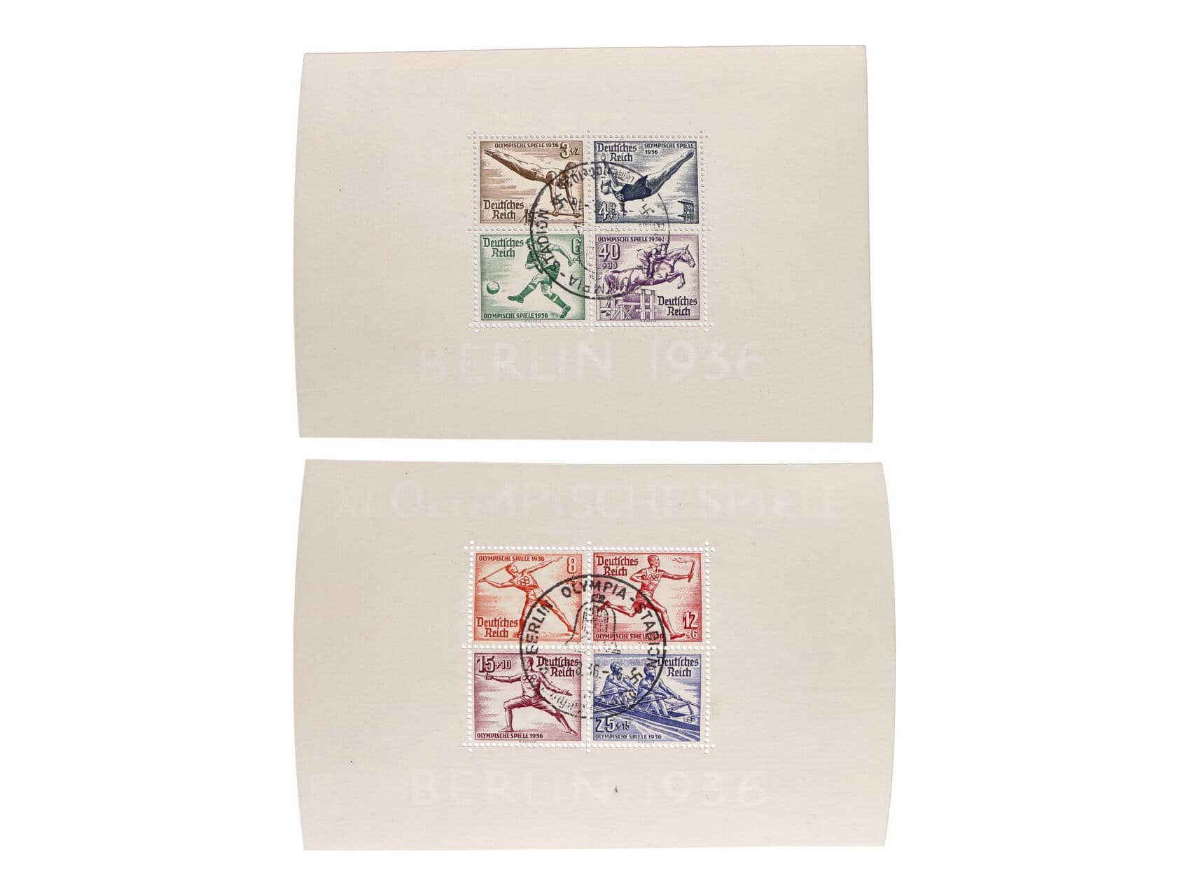 Bl. Mi. 5 + Bl. 6 s pam. olympyjským raz. a R-dopis do Stuttgartu frank zn. Mi. č. 609 - 616 s pod. raz. BERLIN FAHRBARES POSTAMT 15.8.36 + přích. raz.
