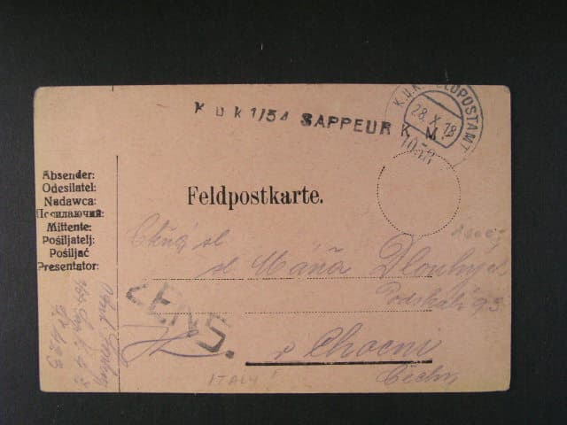celistvost do Čech s pod. raz. K.u.K. FPA 28.10.18 No. 1058 + útvar. raz. K.u.K. 1/54 SAPPEUR K  M (Itálie)