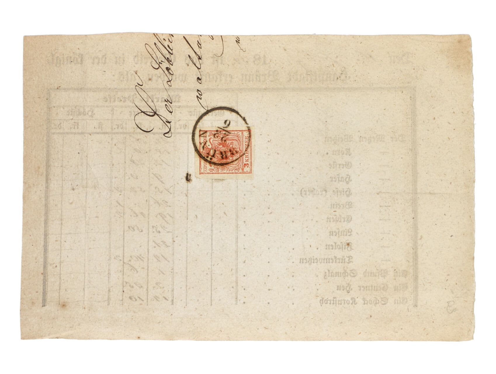 tržní listina z r. 1854 frank. zn. Fe. č. 3 HP, typ III, s jednokruh. černým raz. BRÜNN 22.6.