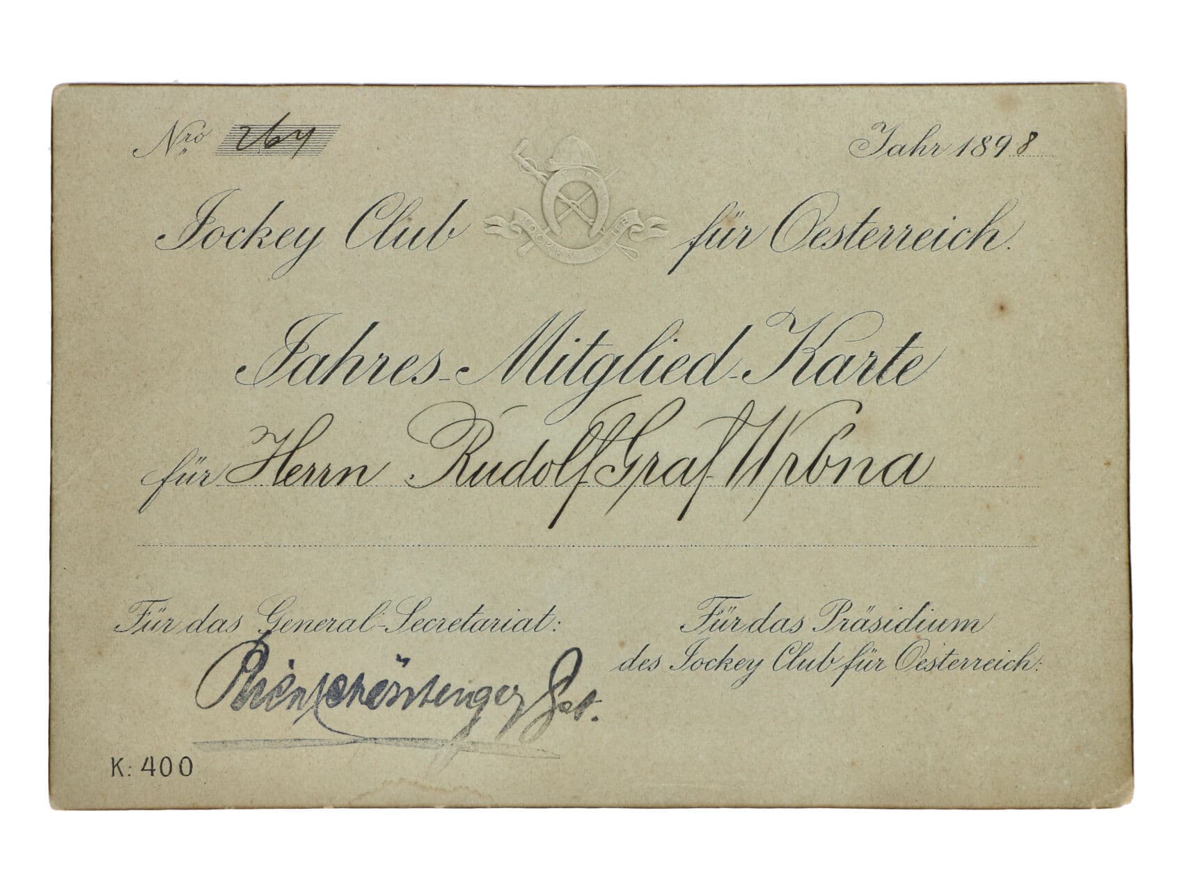 Roční členská karta pro rakouský "Jockey Club" č. 264 z r. 1898, na zeleném silném karton. papíře s reliéfním tiskem znaku klubu, velmi zajímavé, dobrá kvalita