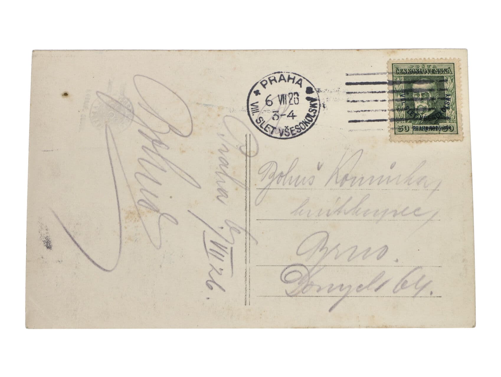 sletová pohlednice ze zahájení VIII. všesokolského sletu frank. zn. č. 183, pod. raz. PRAHA VII. SLET VŠESOKOLSKÝ 6.7.1926, zajímavé
