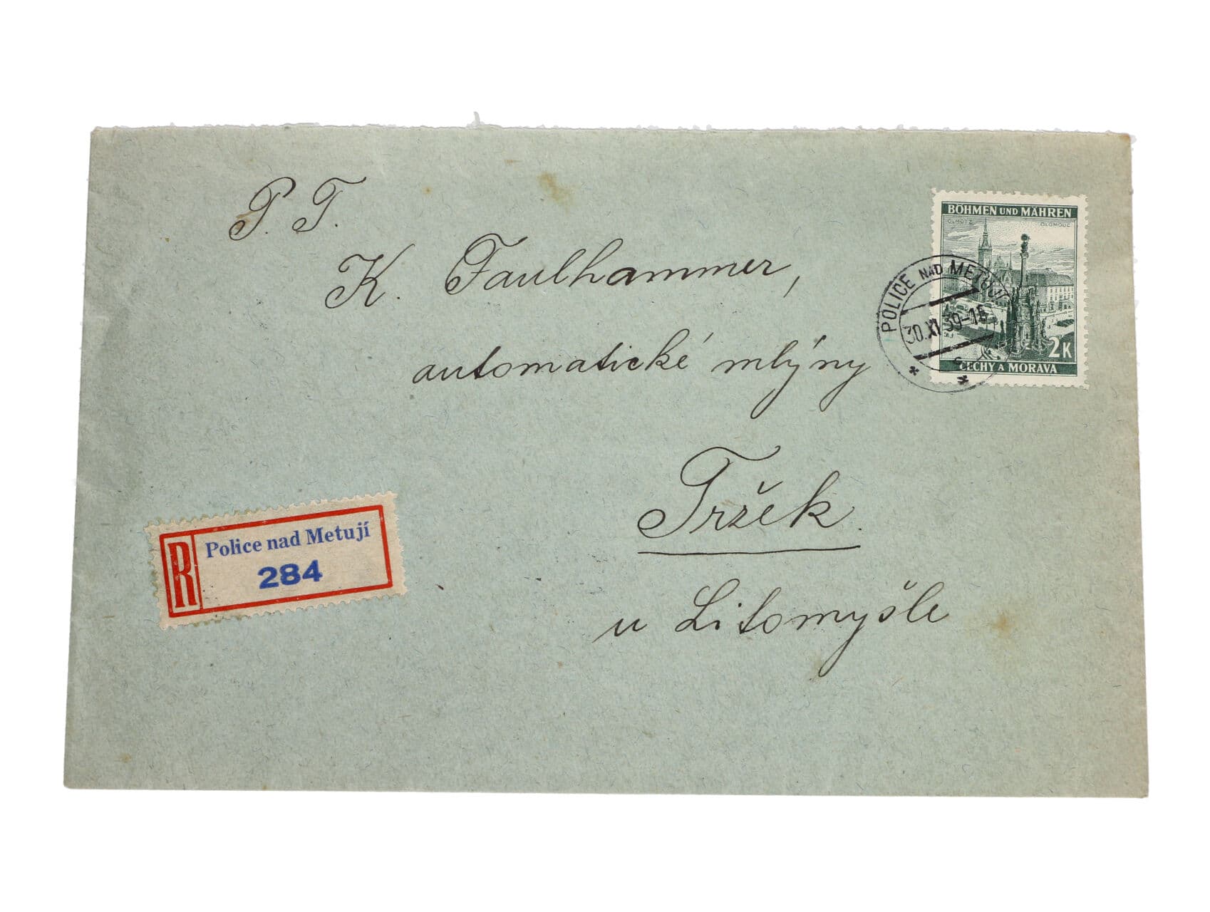 souběžné - R-dopis do Litomyšle frank. na přední str. zn. č. 34, na zadní straně zn. č. 248 (2x 10ti-blok), pod. raz. POLICE NAD METUJÍ 30.11.39