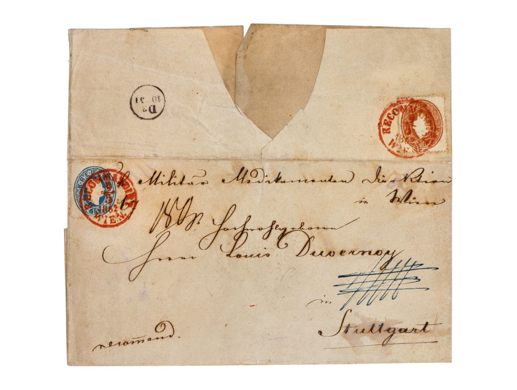 skl. R-dopis z r.1862 do Německa frank. na přední str. zn. Fe. č. 21, na zadní str. zn. Fe. č. 22 (10kr. + 15kr), pod. červené jednokruh. raz. RECOMMANDIRT WIEN 9.5.1862, na zadní str. průch. dvoukruh